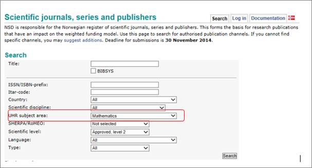 Advanced search in Norwegian register of scientific journals, series and publishers